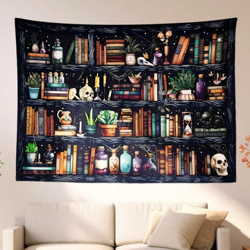 Dark bookshelf tapestry above sofa with books skulls candles potion bottles and plants