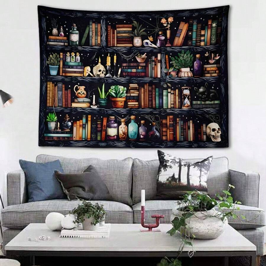 Witchy gothic bookshelf tapestry with old books potion bottles skulls candles plants and black cat