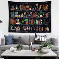 Indoor wall hanging fabric tapestry with black cat hourglass jars and shelf artwork