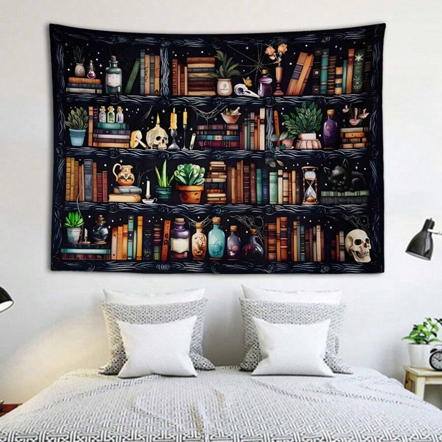 Bookshelf fantasy wall tapestry styled above bed as bedroom background decor