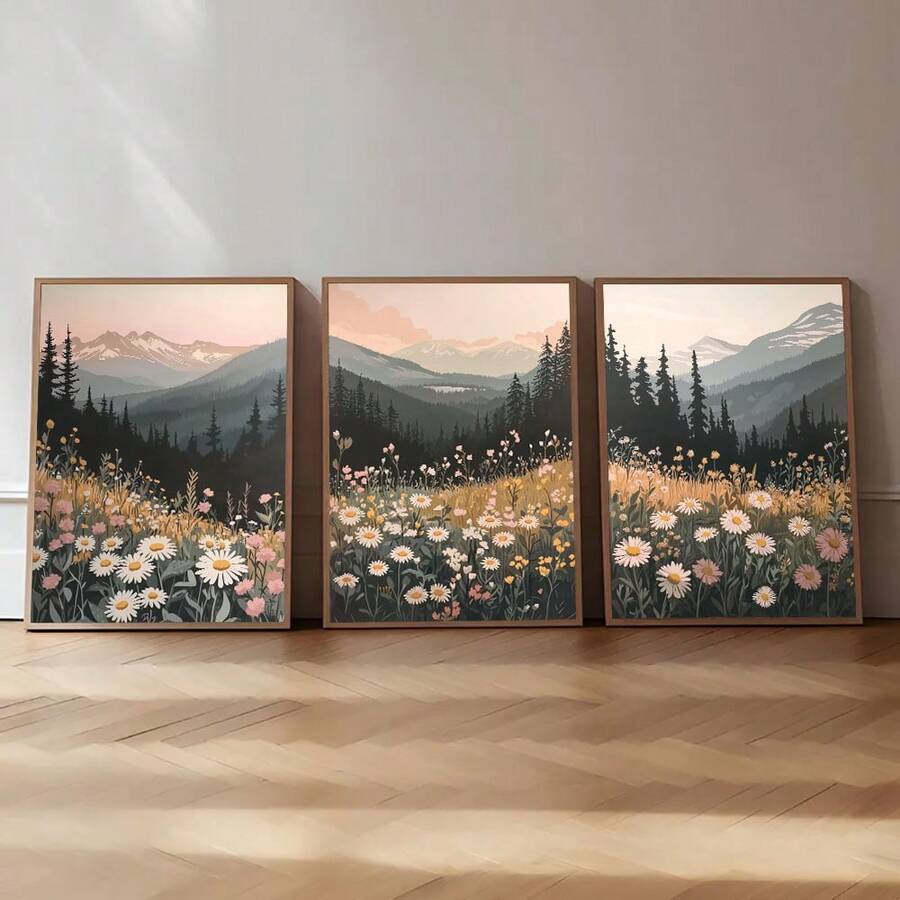 Three mountain flower panels arranged together on a light wood floor
