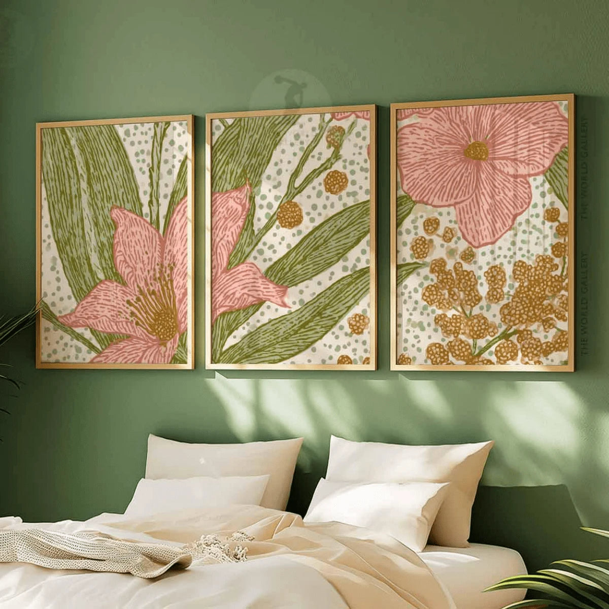 Three botanical prints with pink blooms and olive leaves in light frames above a bed against a green wall