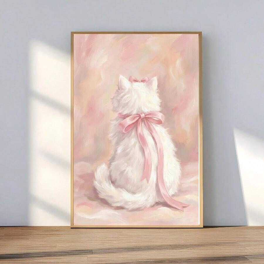 Cute Bowknot White Cat Girl's Room Aesthetic Canvas Poster 