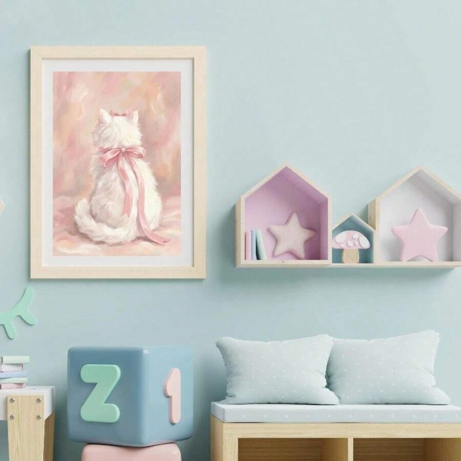 Cute Bowknot White Cat Girl's Room Aesthetic Canvas Poster 