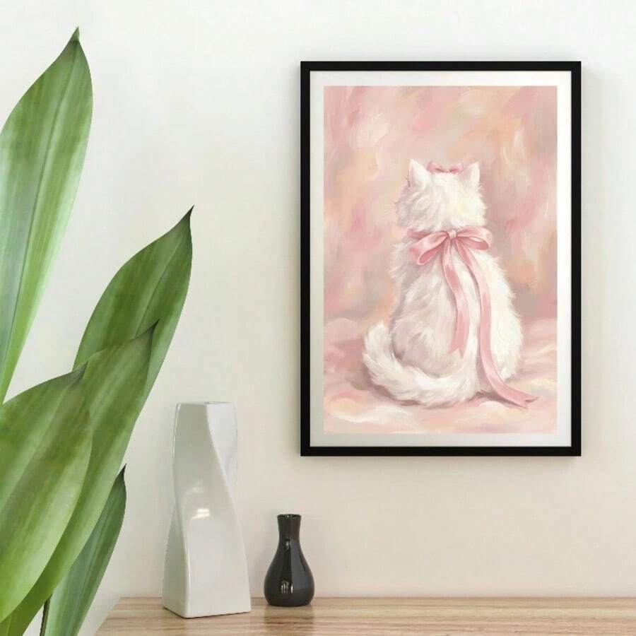 Cute Bowknot White Cat Girl's Room Aesthetic Canvas Poster 