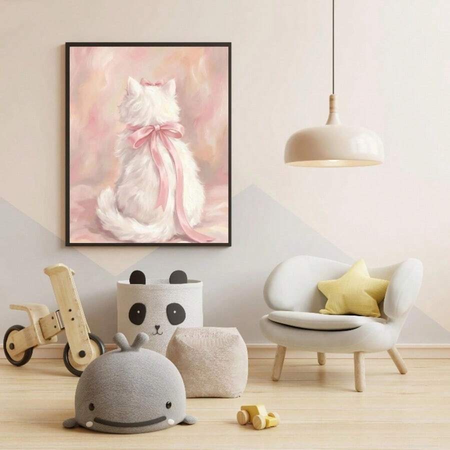 Cute Bowknot White Cat Girl's Room Aesthetic Canvas Poster 
