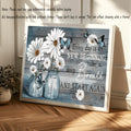 Daisy and blue butterfly quote artwork in a light frame leaning against a paneled wall with a framed and unframed option notice