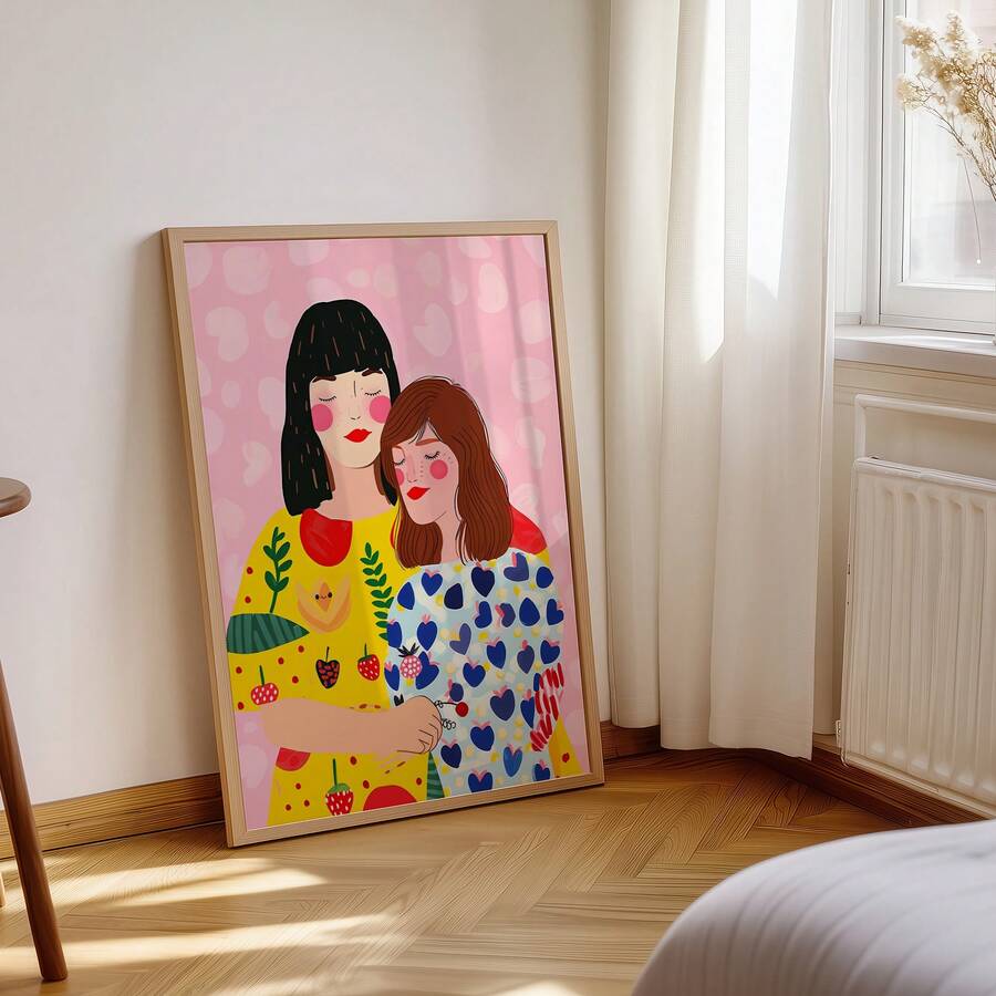 Mother and daughter canvas poster leaning on white wall