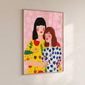 Vintage mother daughter poster mounted on beige wall