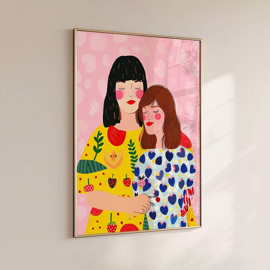Vintage mother daughter poster mounted on beige wall