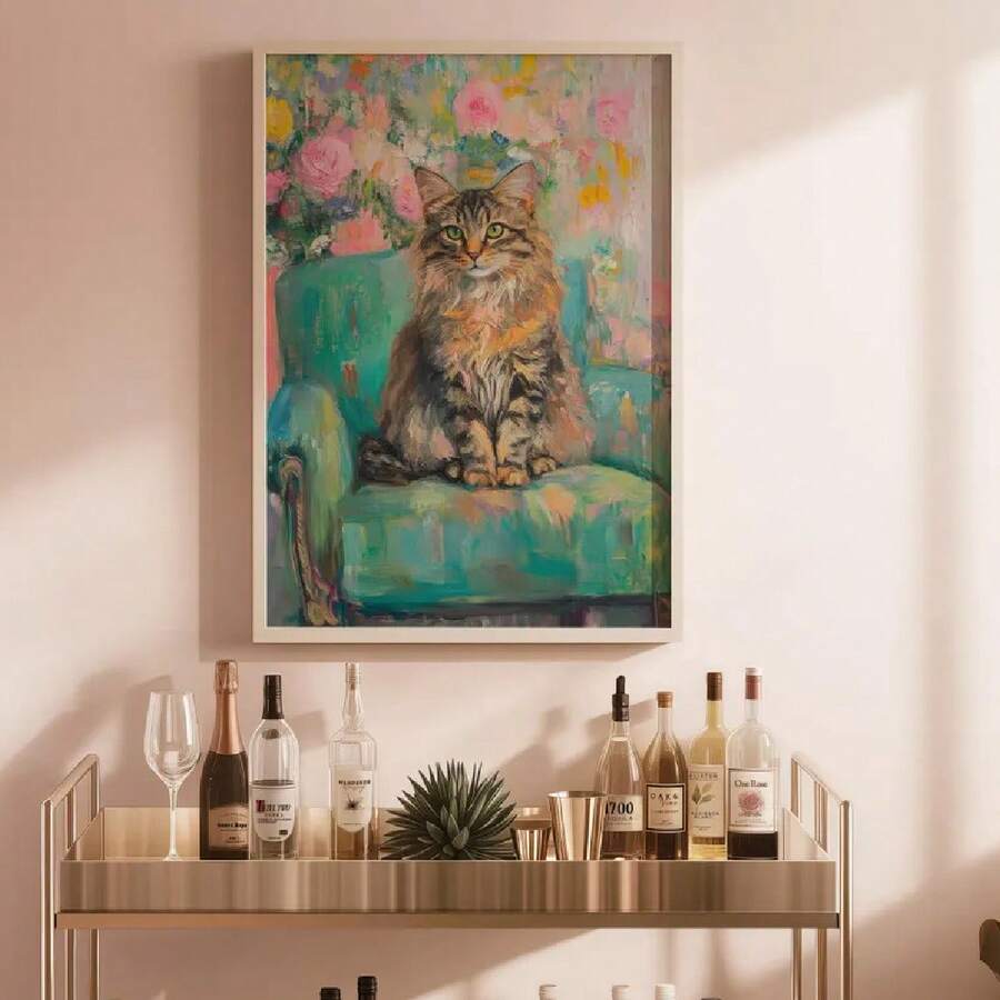 Turquoise Siberian Tabby Cat & Teal Floral Portrait Canvas Poster 