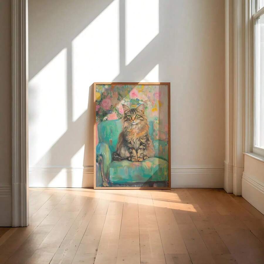 Turquoise Siberian Tabby Cat & Teal Floral Portrait Canvas Poster 