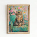 Turquoise Siberian Tabby Cat & Teal Floral Portrait Canvas Poster 