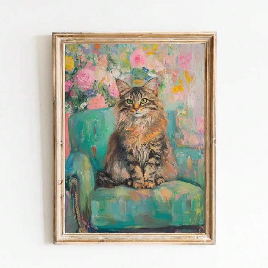 Turquoise Siberian Tabby Cat & Teal Floral Portrait Canvas Poster 