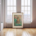 Turquoise Siberian Tabby Cat & Teal Floral Portrait Canvas Poster 