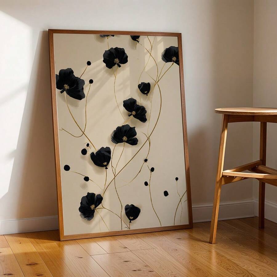 Modern Minimalist Black & Gold Botanical Poppy Canvas Poster 