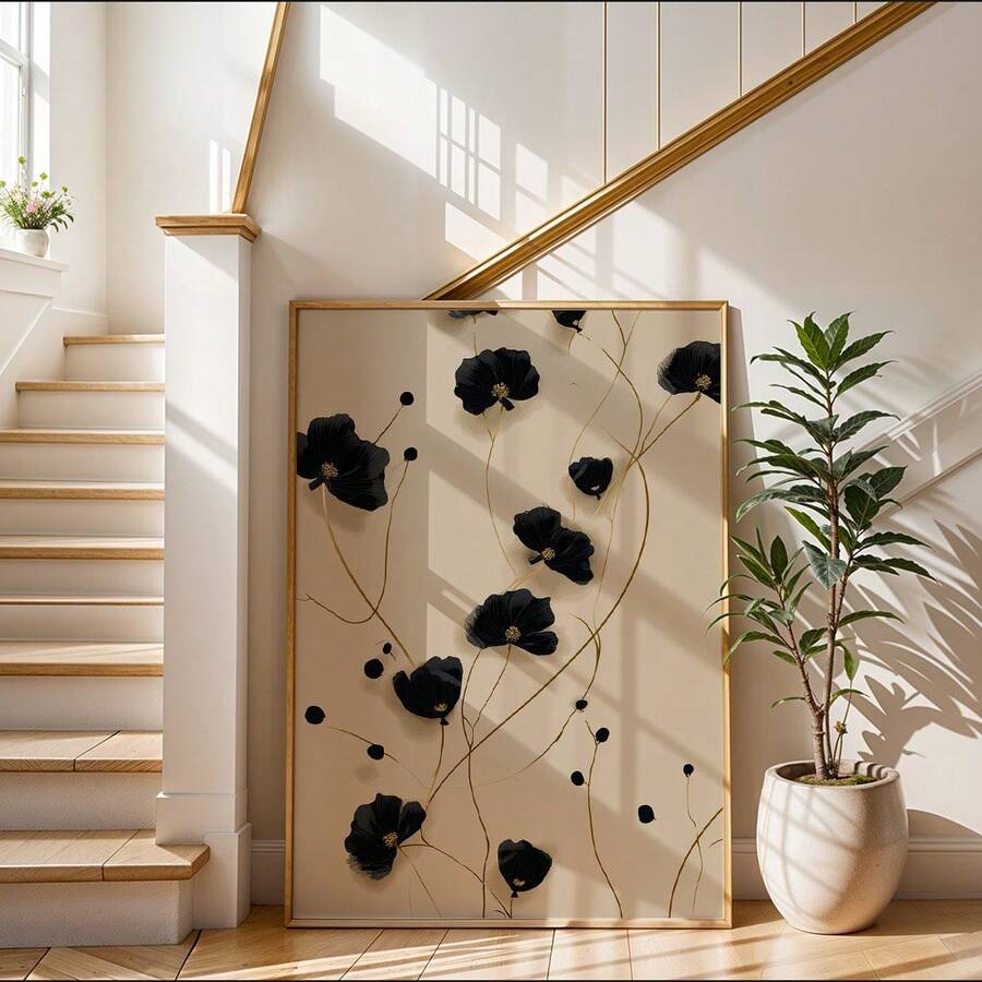 Modern Minimalist Black & Gold Botanical Poppy Canvas Poster 
