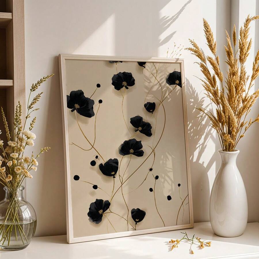 Modern Minimalist Black & Gold Botanical Poppy Canvas Poster 
