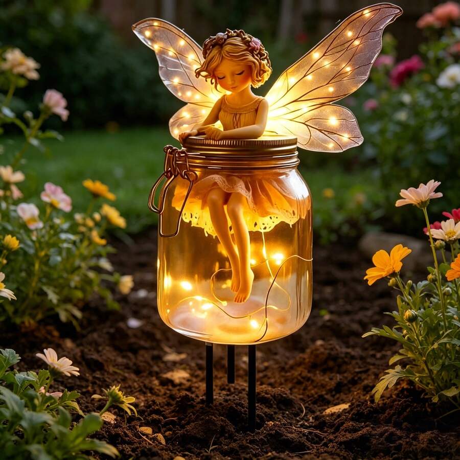 2D fairy girl acrylic garden stake with warm glowing jar light and black ground stakes