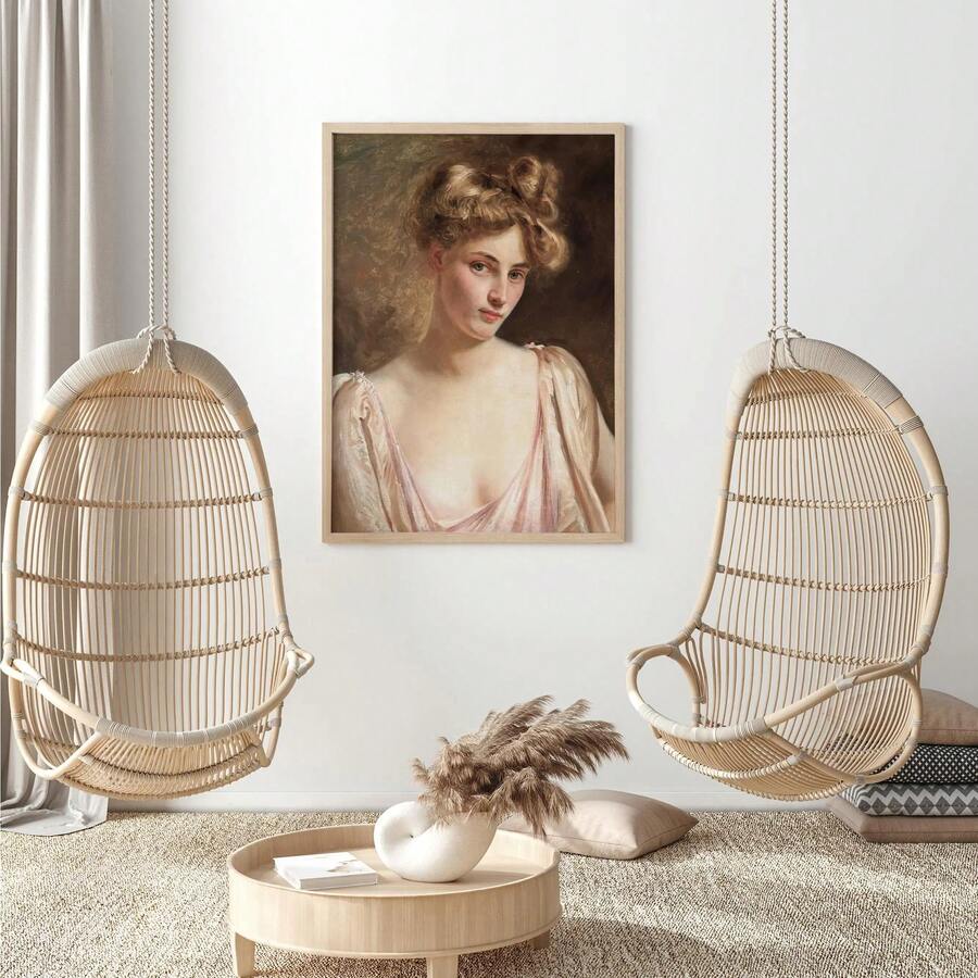 Vintage portrait canvas showing a blonde woman in a pale pink gown in a distressed gold-tone frame