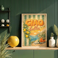 Ciao Bella lemon coast poster against a deep green paneled wall with yellow and cream accents