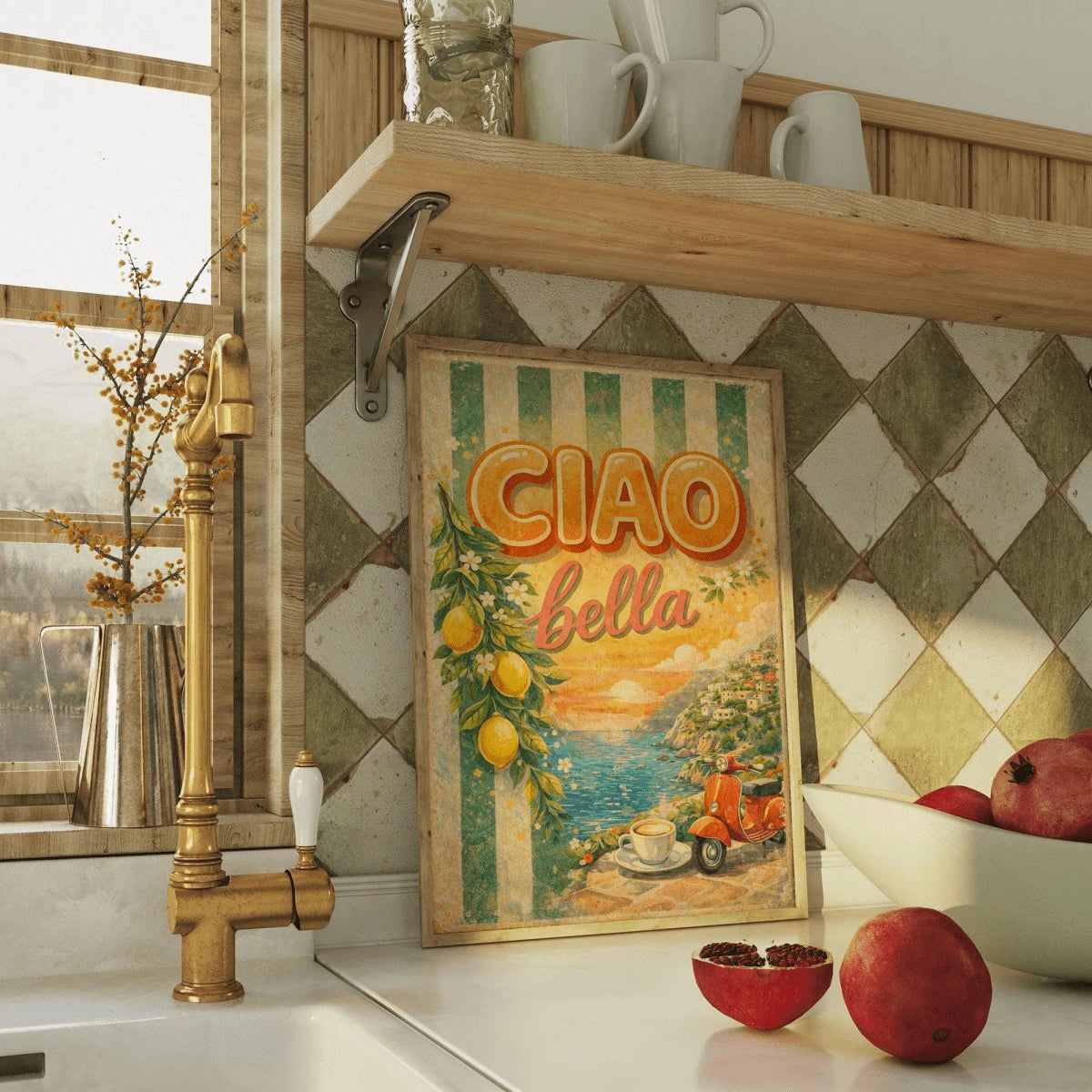 Ciao Bella lemon and seaside canvas poster displayed on kitchen counter beside brass faucet and pomegranates