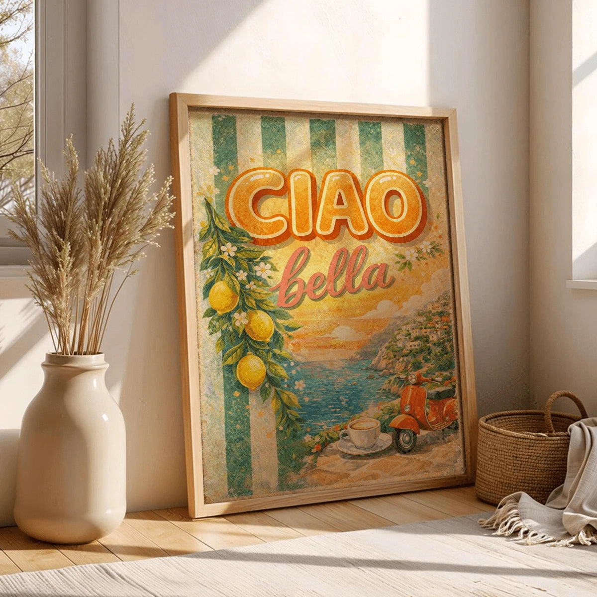 Light wood framed Ciao Bella coastal art styled beside ceramic vase and woven basket in a bright room