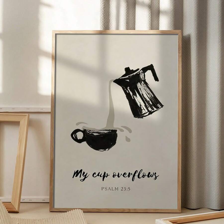 Minimalist Japanese Psalm 23:5 "My Cup Overflows" Coffee Pouring Canvas Poster