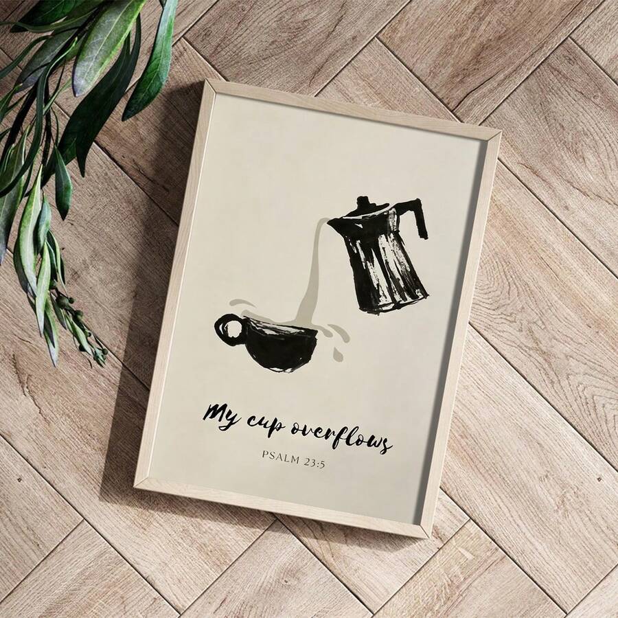Minimalist Japanese Psalm 23:5 "My Cup Overflows" Coffee Pouring Canvas Poster