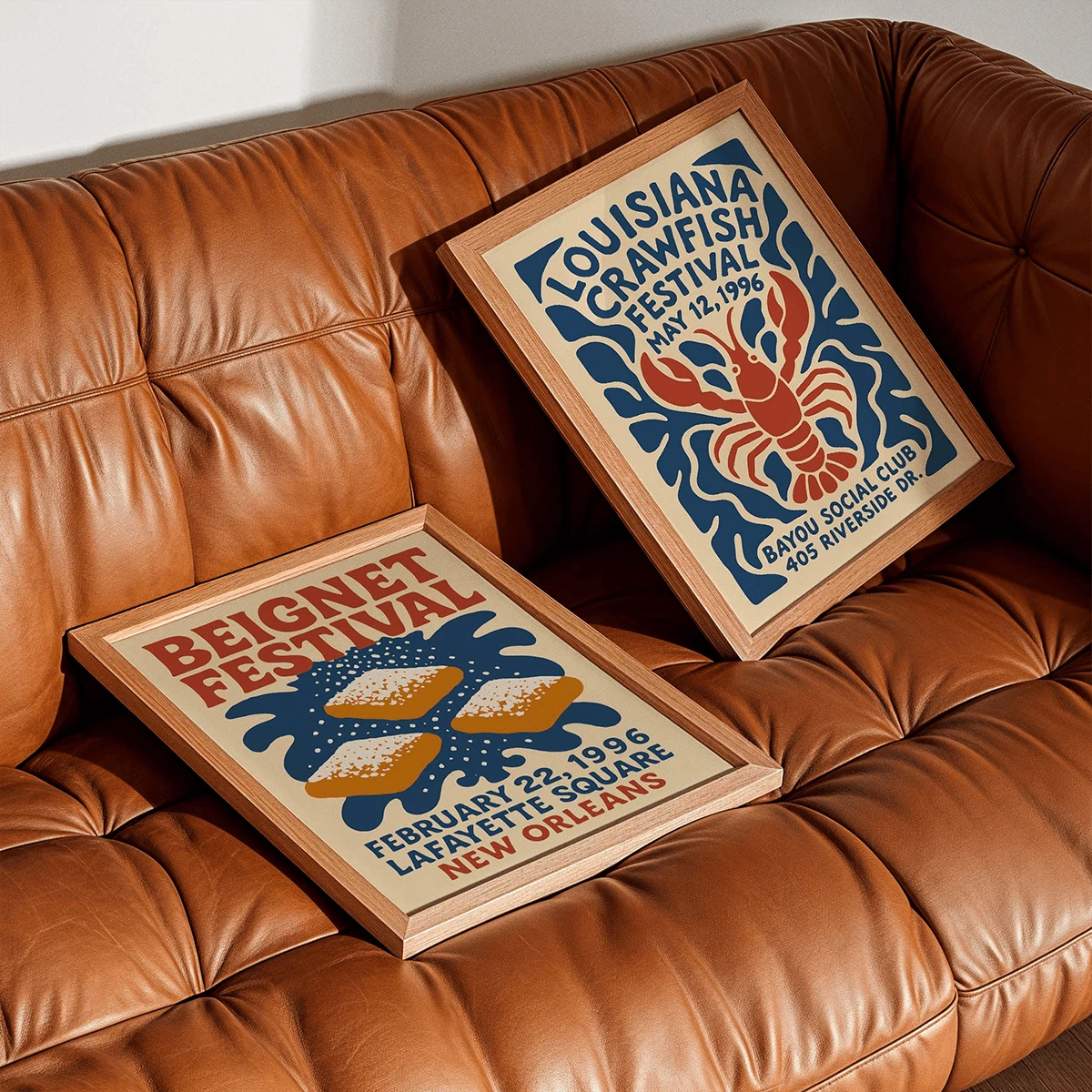 Two framed festival canvas prints styled on a brown leather sofa
