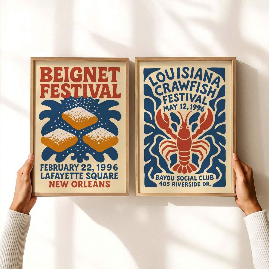 Pair of beignet and Louisiana crawfish festival prints held up in light wood frames
