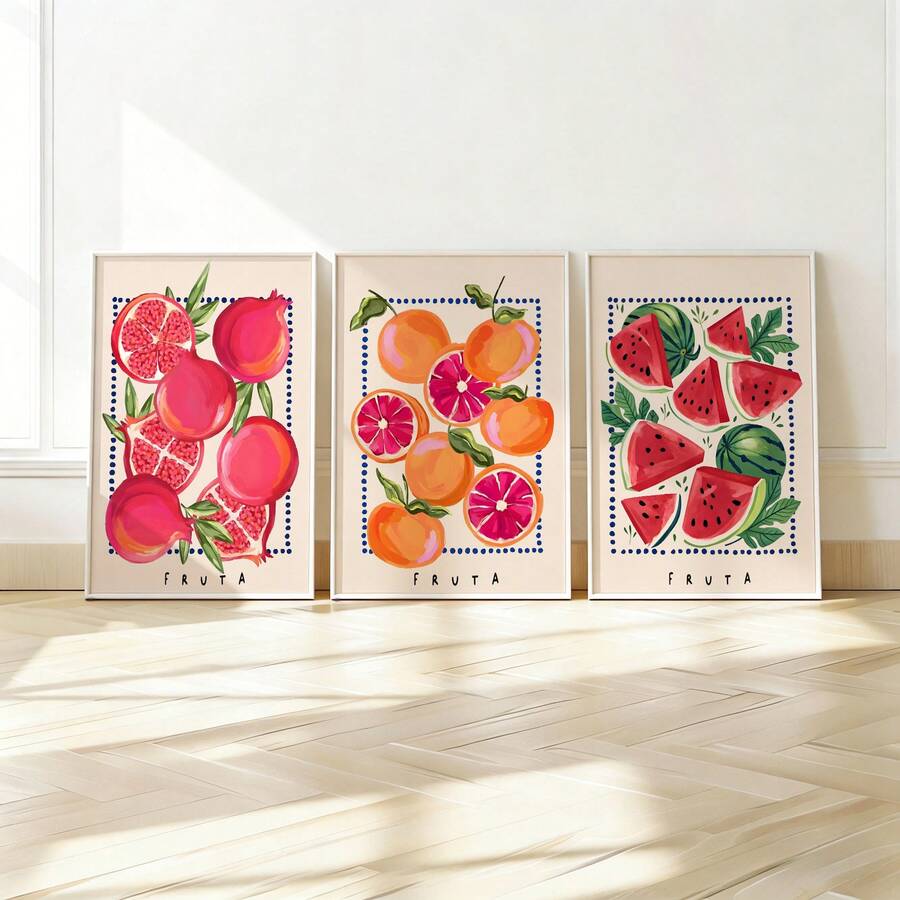 FRUTA fruit print in light natural wood frame