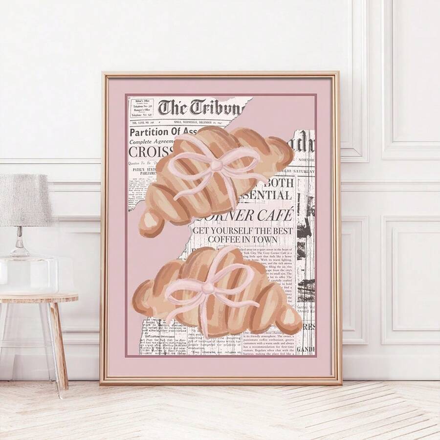 Vintage Pink Croissant Illustration Aesthetic Canvas Poster