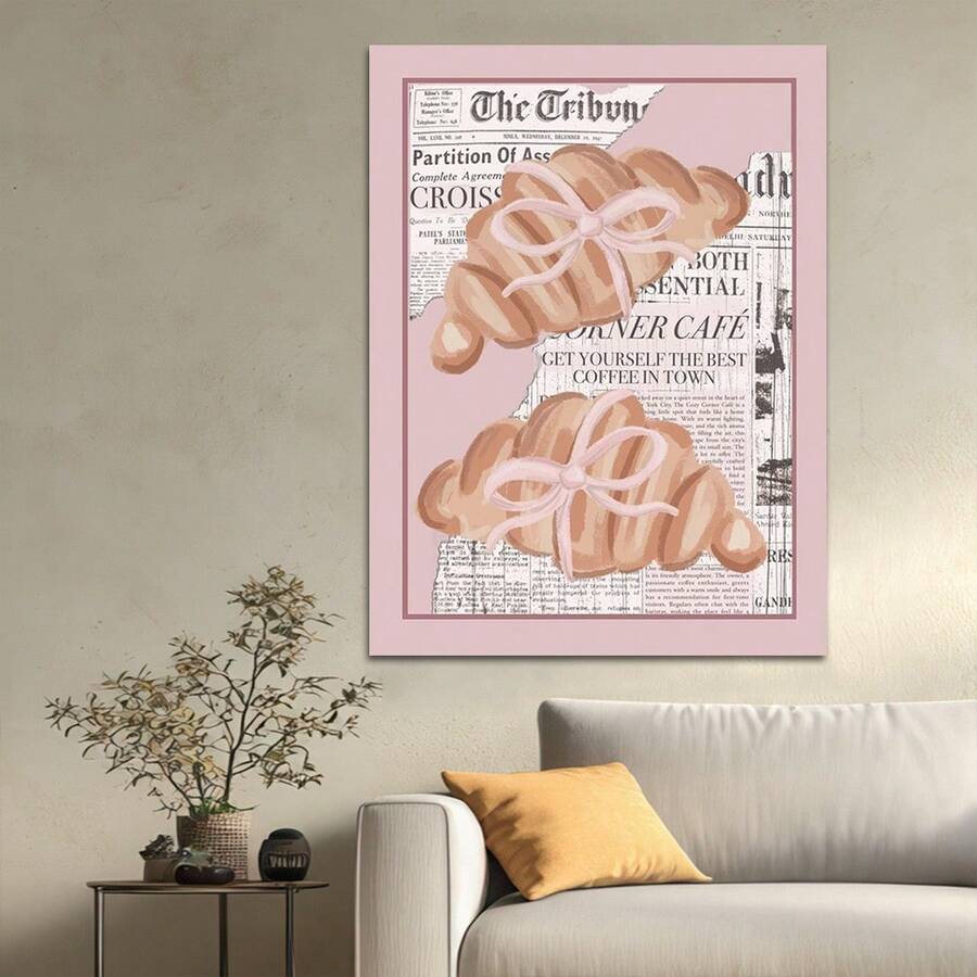 Vintage Pink Croissant Illustration Aesthetic Canvas Poster