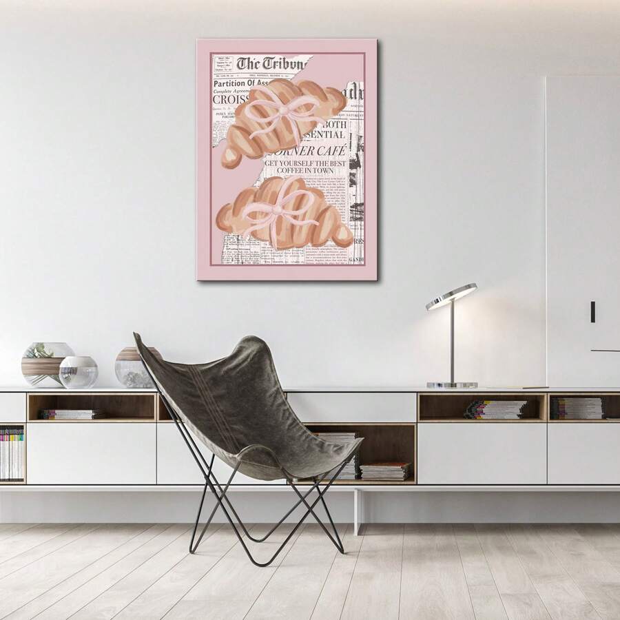 Vintage Pink Croissant Illustration Aesthetic Canvas Poster