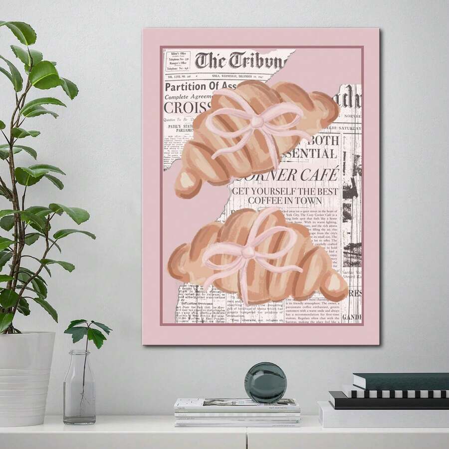 Vintage Pink Croissant Illustration Aesthetic Canvas Poster