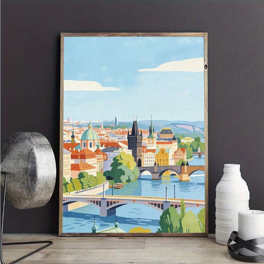 Prague Cityscape Watercolor & European Skyline Travel Canvas Poster