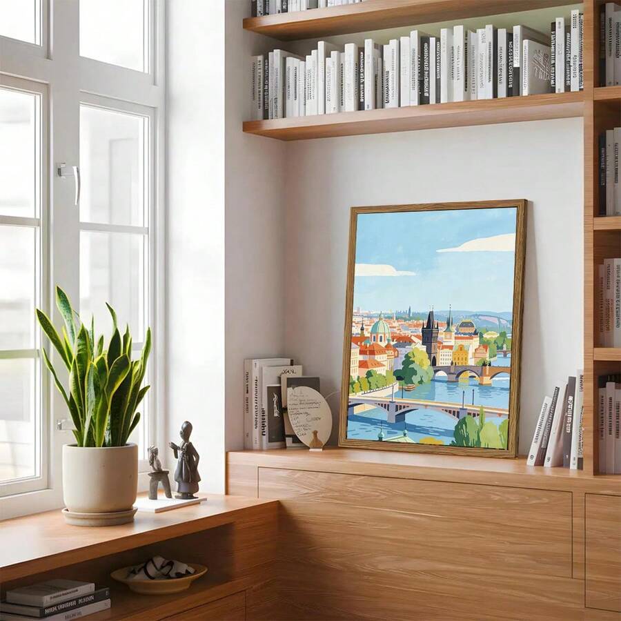 Prague Cityscape Watercolor & European Skyline Travel Canvas Poster
