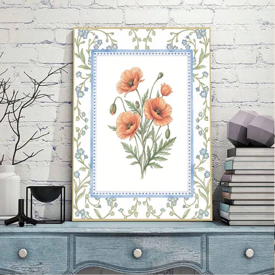 Vintage Watercolor Pink Poppy Flower Botanical Cottagecore Canvas Poster
