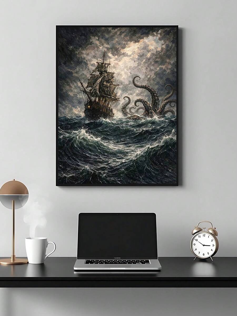 Framed dark nautical wall art showing pirate ship battling kraken in stormy ocean