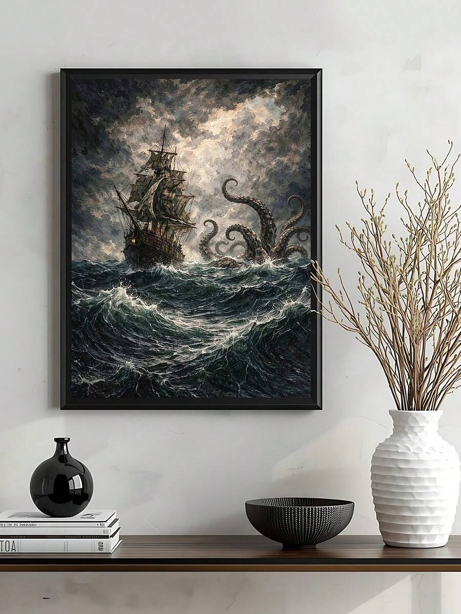 Framed dark nautical wall art showing pirate ship battling kraken in stormy ocean