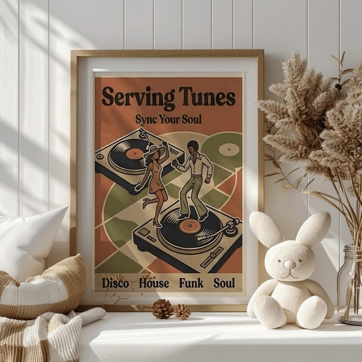 70s Disco Funk and Soul Canvas Poster with bold retro graphics, perfect for music rooms, home bars, eclectic, maximalist, and vintage interiors.
