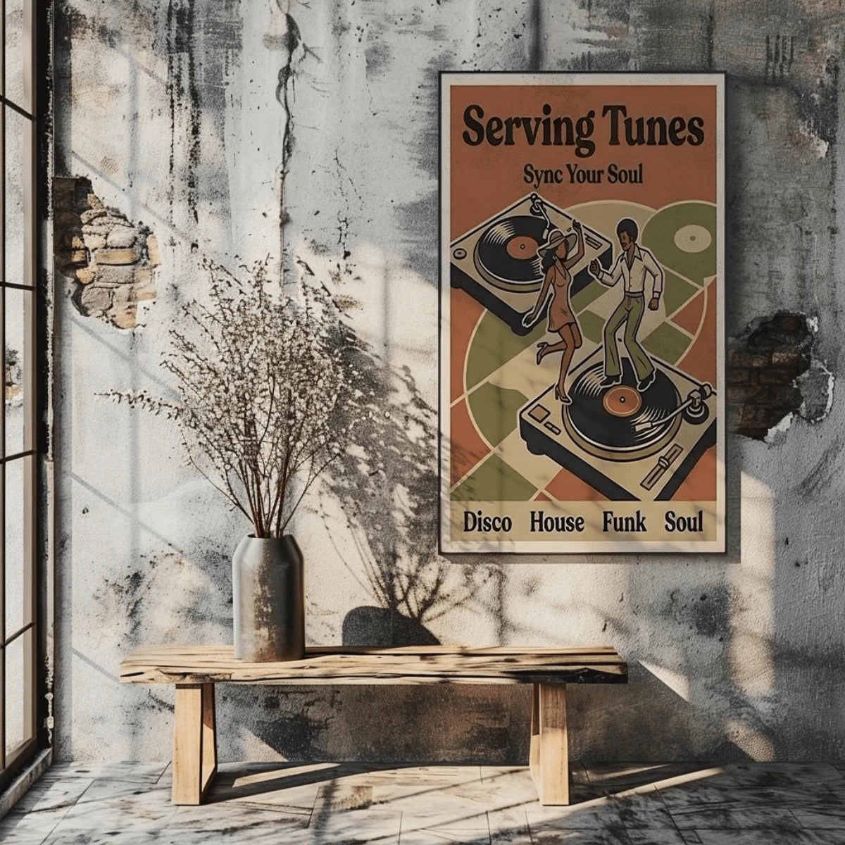 70s Disco Funk and Soul Canvas Poster with bold retro graphics, perfect for music rooms, home bars, eclectic, maximalist, and vintage interiors.
