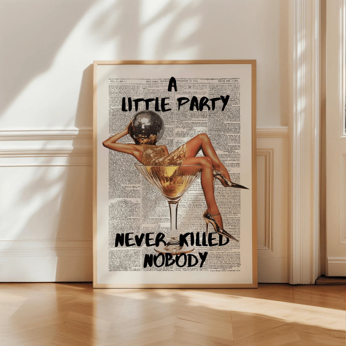 Sunlit framed 1970s party poster showing mirrored disco-ball head