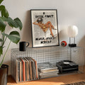 Retro disco poster styled beside vinyl records in a music corner