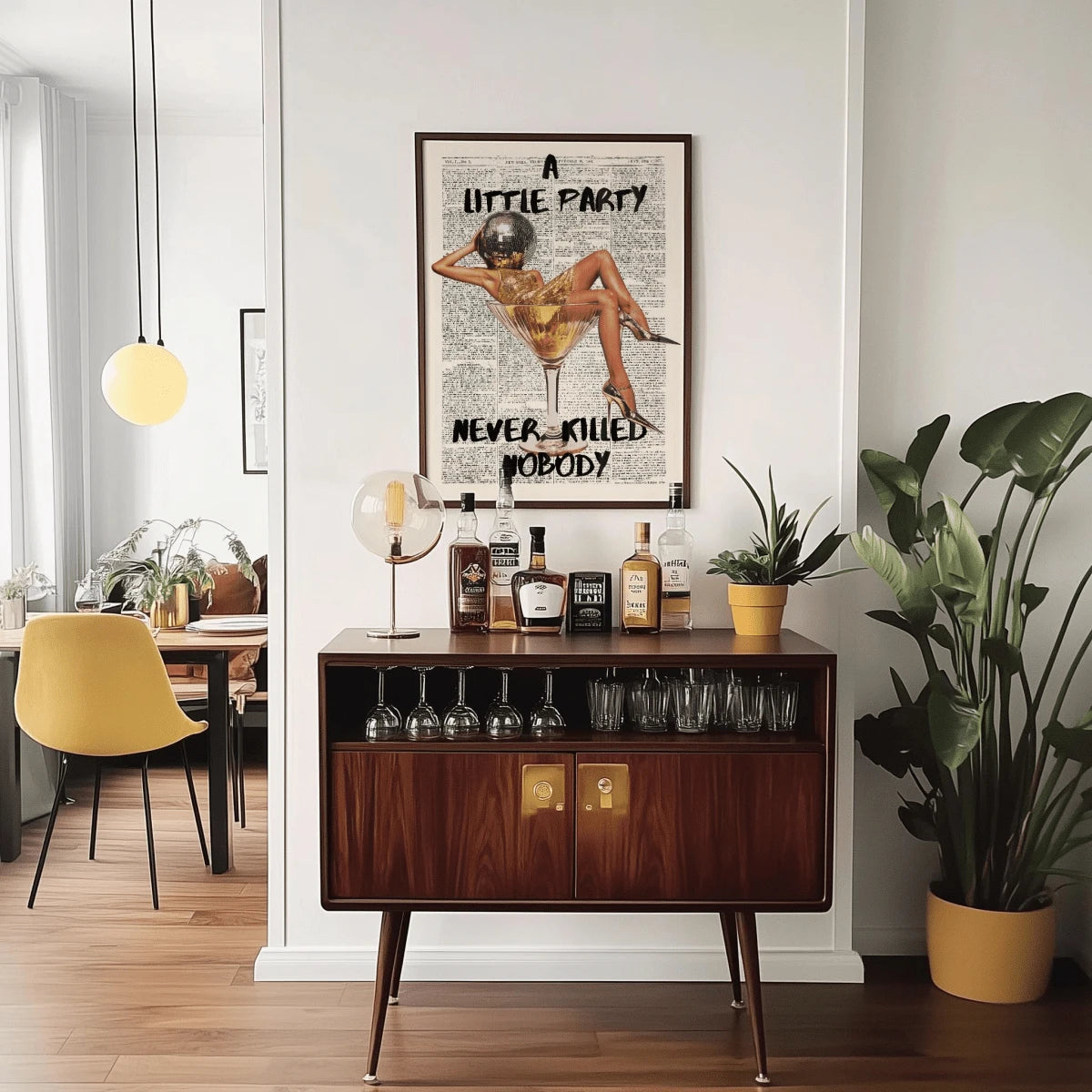 Framed martini party canvas displayed above a home bar cabinet