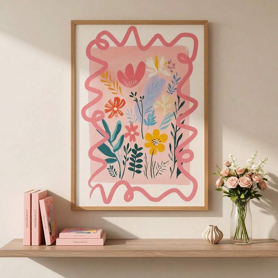 Framed pink botanical print with colorful wildflowers displayed above a console