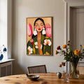 Floral portrait print with green clothing and flowers
