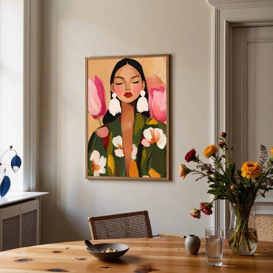 Floral portrait print with green clothing and flowers