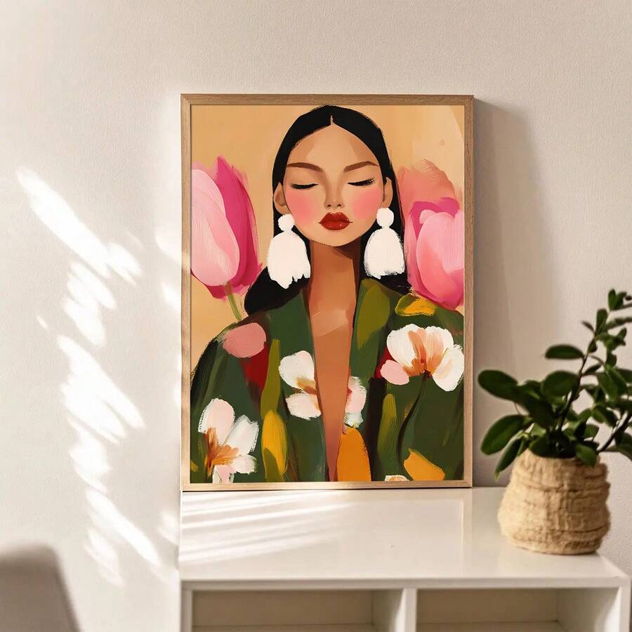 Abstract portrait canvas print in light wood frame